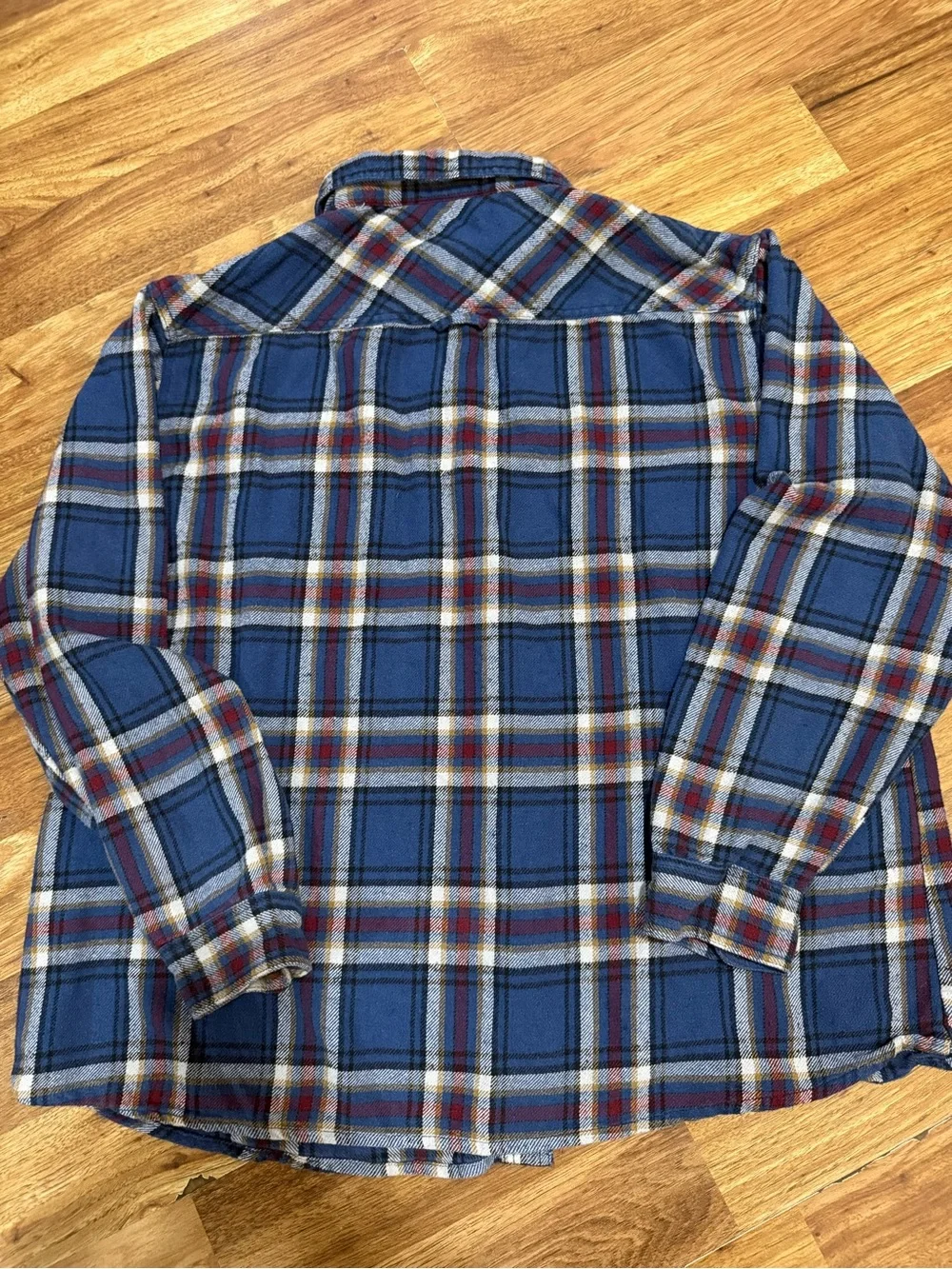 Stanley Blue Plaid Button-Down Shirt with Red and White Accents